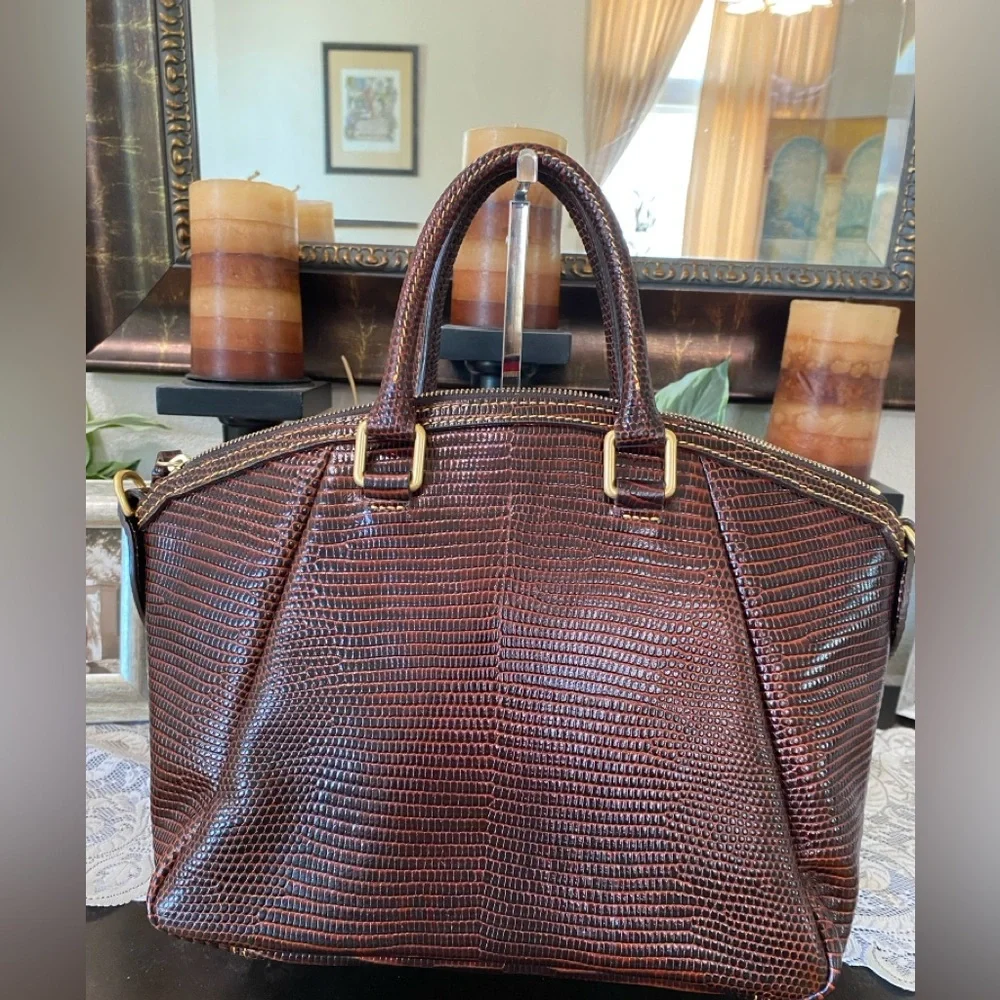 Dooney & Bourke Dark Brown Lizard-Embossed Satchel with Gold Hardware